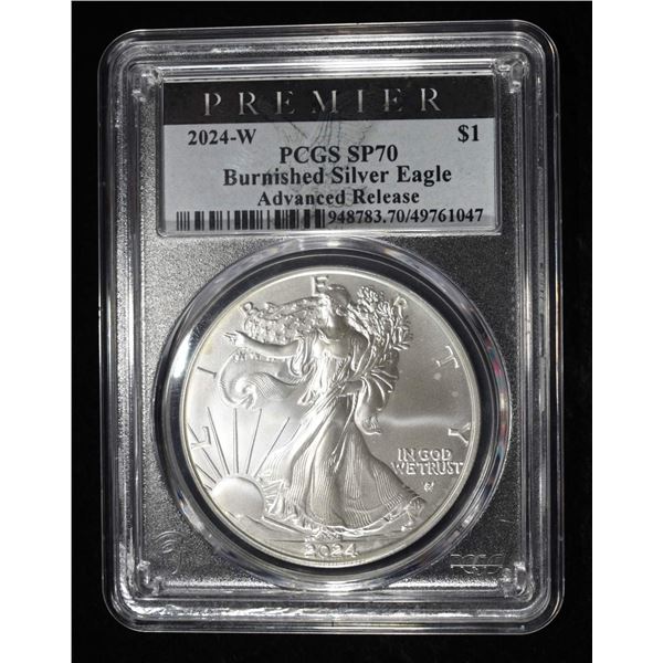 2024-W AMERICAN SILVER EAGLE PCGS SP70 BURN. AR