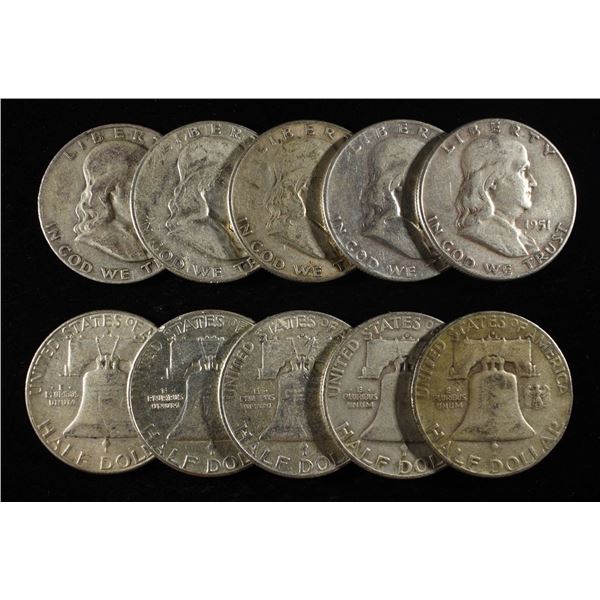 (10) 90% SILVER FRANKLIN HALF DOLLARS