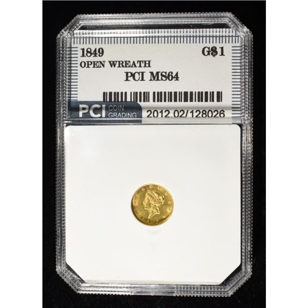 1849 $1 GOLD T1 OPEN WREATH PCI CH/GEM BU