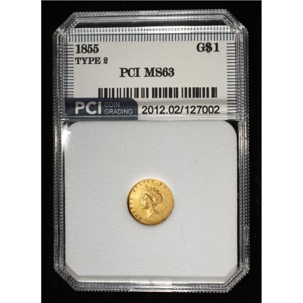 1855 $1 TYPE2 GOLD PCI CH BU