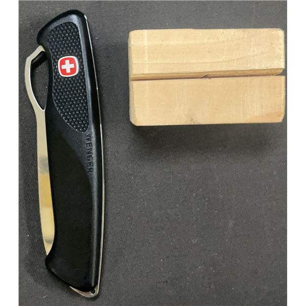 Wenger Swiss Folding Knife with Wooden Block Holder