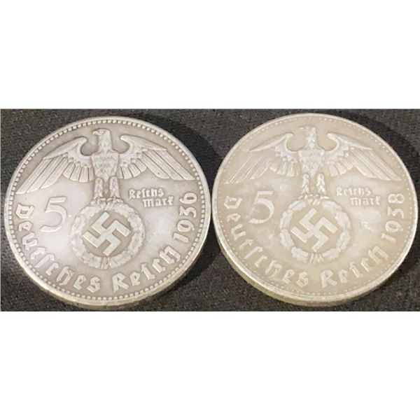 Germany 5 Reichsmark Nazi Era Coins, 1936 and 1938 (2 Pieces)