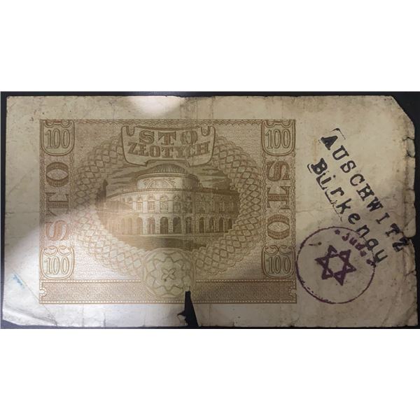 Polish 100 Zlotych Note With Auschwitz Birkenau and Jude Stamp