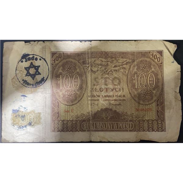 Poland 100 Zloty Banknote with Holocaust-Era 'Jude' Stamp