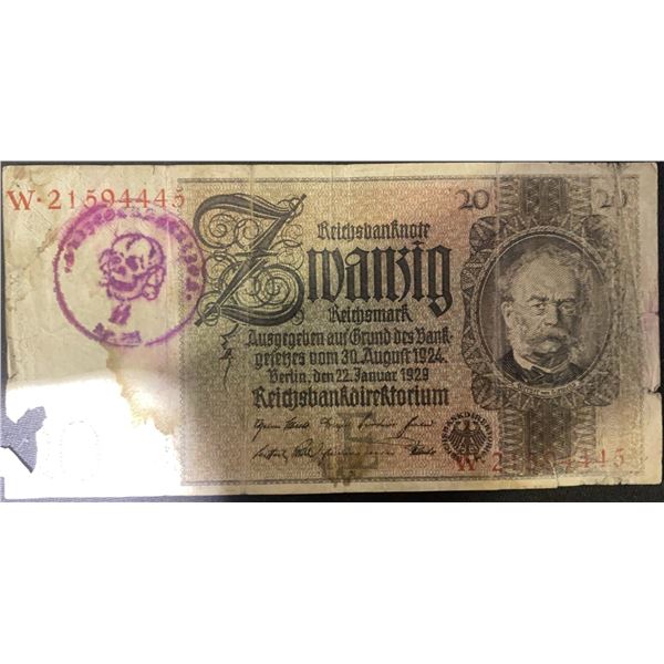 1920s German 20 Mark Reichsbanknote With Purple Stamp