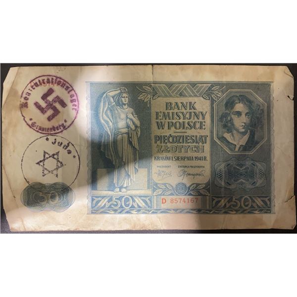 Obverse and Reverse WWII Polish 50 Zlotych Banknote with Ghetto and Nazi Stamps