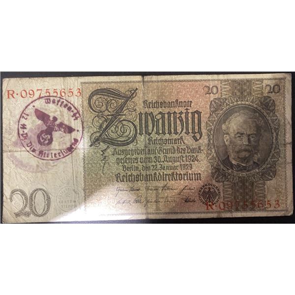 1924 German 20 Reichsmark Banknote with Waffen-SS Overstamp