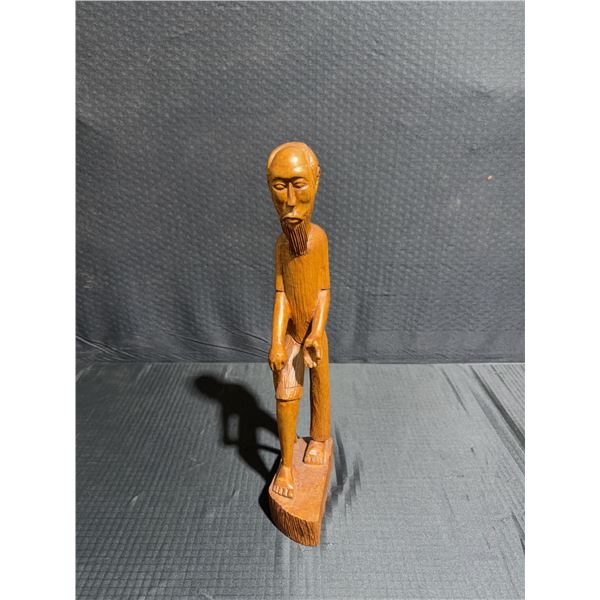 Hand-Carved Wood Figurine of Bearded Man with Inscription