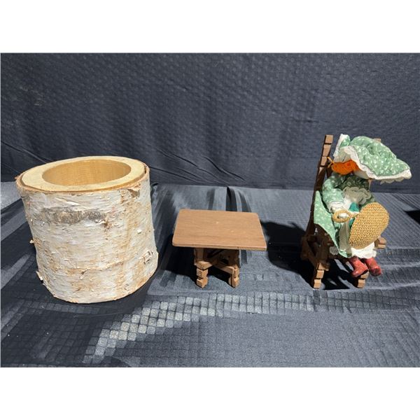Miniature Doll With Wooden Chair, Table, and 4-Inch Birch Holder