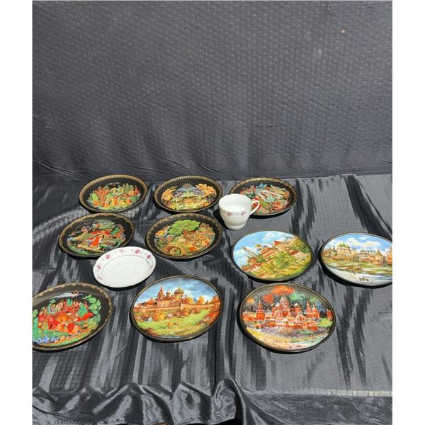 Russian Decorative Plates and Porcelain Cup Set