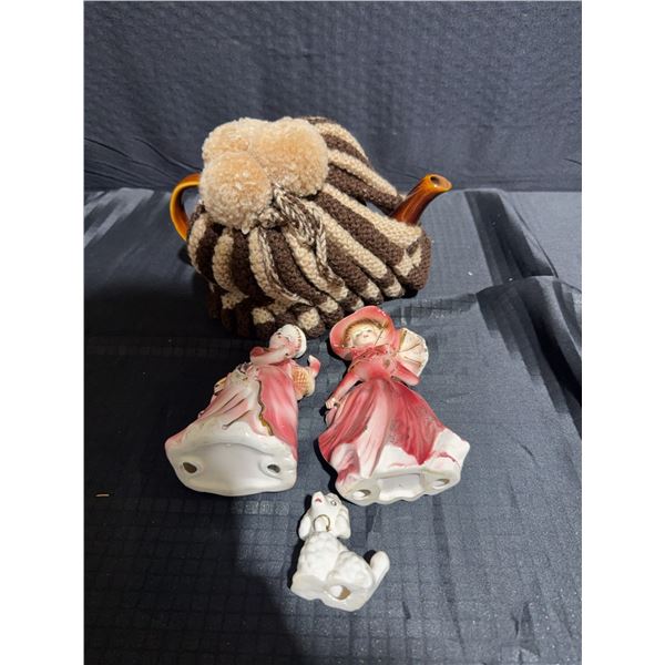 Brown Ceramic Teapot with Knit Cozy and 3 Ceramic Figurines