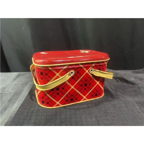 Red Plaid Metal Lunchbox Tin With Dual Handles