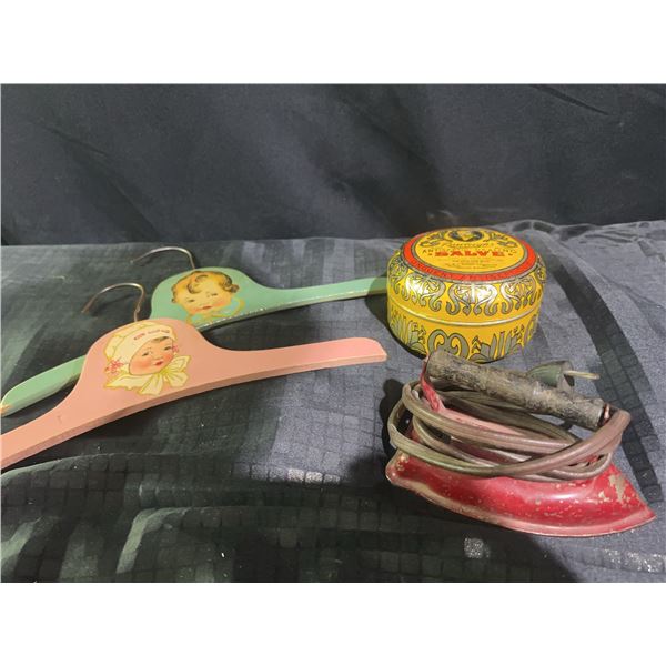 Collectibles: Rawleigh's Tin, 2 Painted Girl/Boy Hangers, Miniature Iron