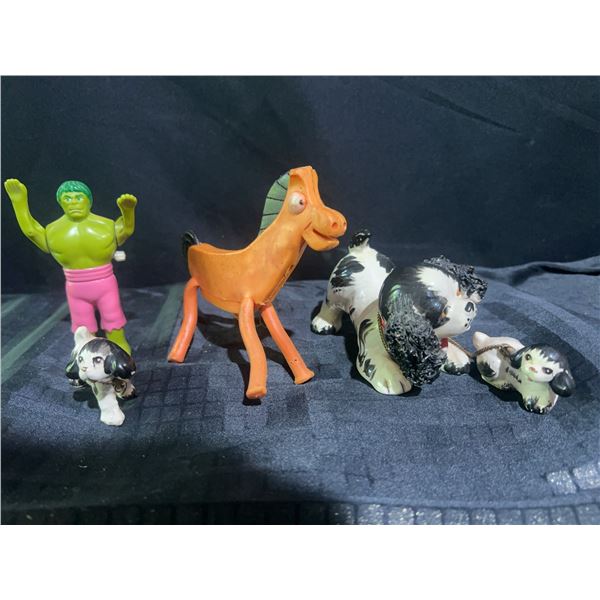 Lot: Hulk Figure, Rubber Horse, Japan Dog Trio