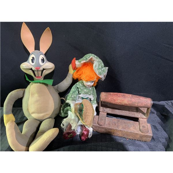 Lot: Wind-Up Bunny Toy, Porcelain Doll & Rustic Meat Tenderizer