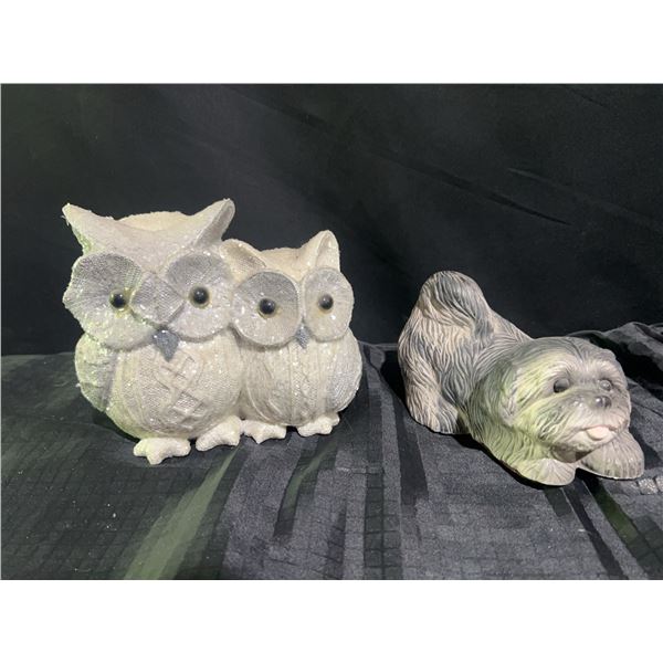 Fabric Owls and Ceramic Shih Tzu Dog Figurine
