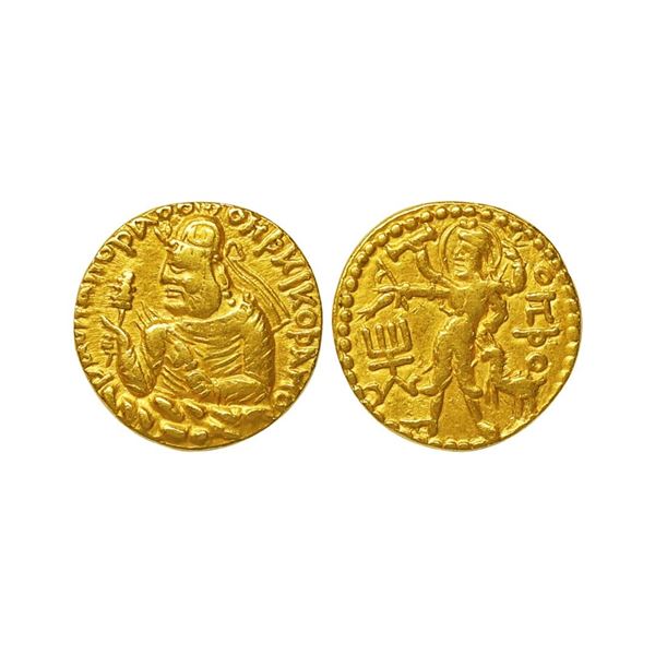 Kushans, Huvishka (155-190 AD), Gold Dinar, 7.80 gms, Oesho Type, Obv. Crowned, Diademed a