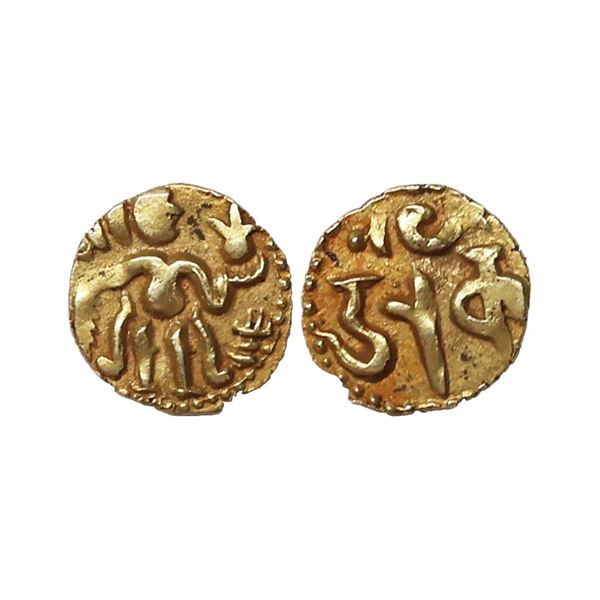 Cholas (10th Century AD) Gold 1/8 Kahavanhu, 0.53 gms, Obv. Kind standing to right, Rev. c