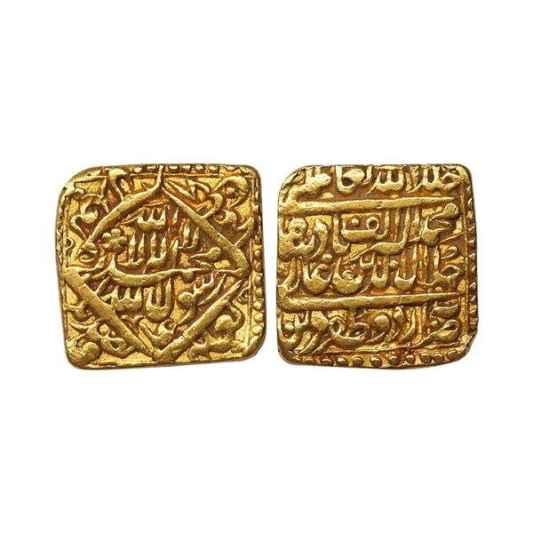 Akbar (AH 963-1014 /1556-1605 AD), Gold Square Mohur, Urdu Zafar Qarin Mint, AH 1000(alf),