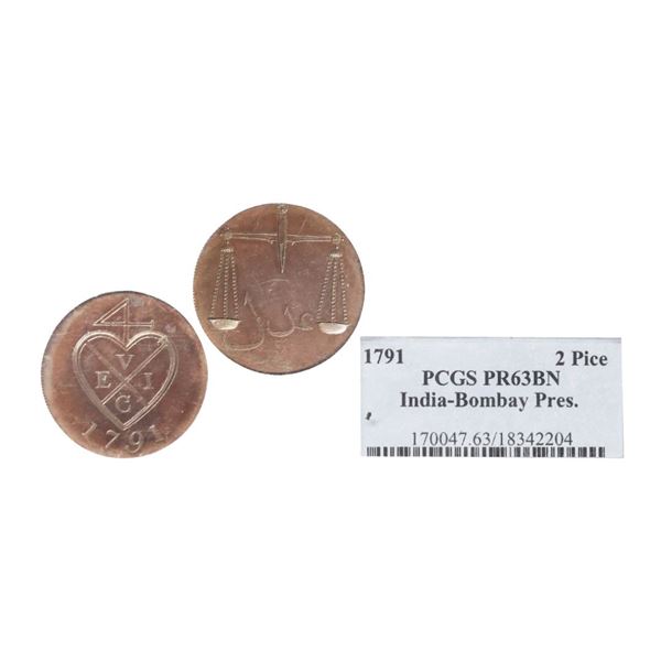 Bombay Presidency, Copper Proof 2 Pice, Soho Mint, Obv. U.E.I. co. Bale mark, Rev. balance