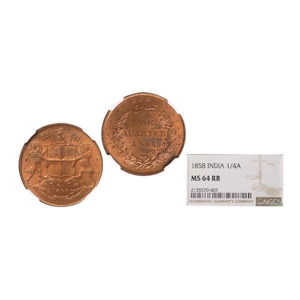 East India Company, Copper 1/4 Anna, 1858, Single Leaf, Brimingham Mint. Copper 1/4 Anna, 