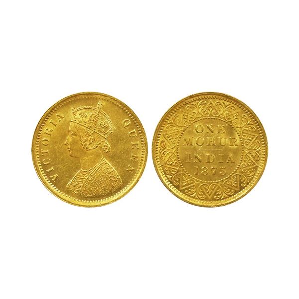 Victoria Queen, gold mohur, 1875, Calcutta mint, two flowers in bottom panel and &amp; #39