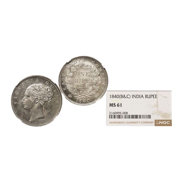 Victoria Queen, CL, Silver Rupee, 1840, Calcutta/Bombay Mint, 19 Berries, Graded by NGC MS