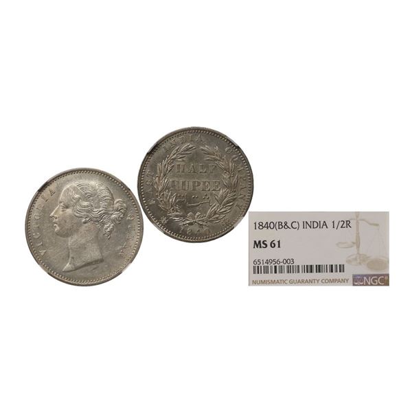 Victoria Queen, DL, Silver 1/2 Rupee, 1840, Calcutta/Bombay Mint, Graded by NGC MS61.