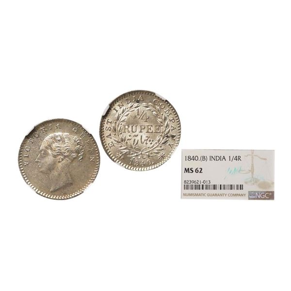 Victoria Queen, CL, Silver 1/4 Rupee, 1840, Bombay Mint, Graded By NGC MS62, Scarce.