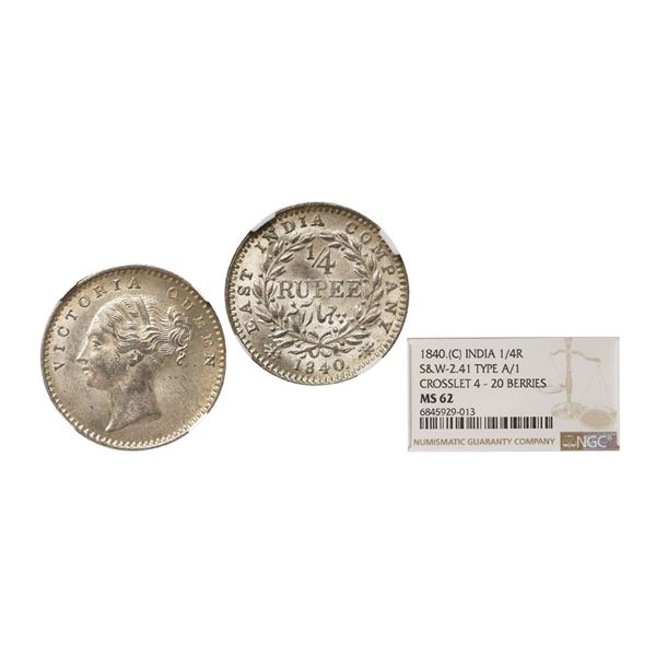 Victoria Queen, CL, Silver 1/4 Rupee, 1840, Calcutta Mint, Crosslet 4, 20 Berries, Graded 