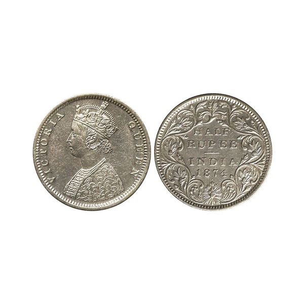 Victoria Queen, Silver 1/2 Rupee, 1874, Bombay Mint, Dot, AUNC, Rare.