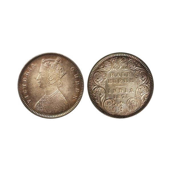 Victoria Queen, Silver 1/2 Rupee, 1875, Calcutta Mint, AUNC, Beautiful Toned, Extremely Ra
