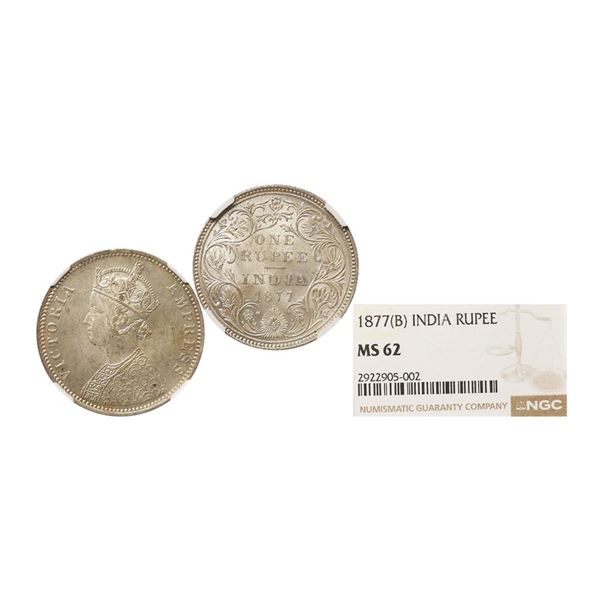 Victoria Empress, Silver Rupee, 1877, Bombay Mint, Dot, Obv: A3 / Rev: II, B Raised, Grade