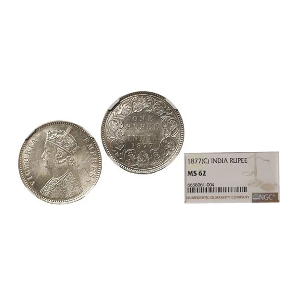 Victoria Empress, Silver Rupee, 1877, Calcutta Mint, Obv. A / Rev. I, Graded By NGC MS62.