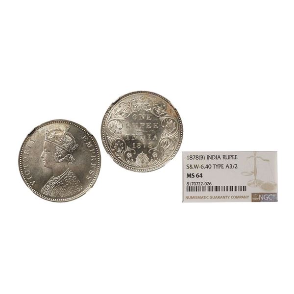 Victoria Empress, Silver Rupee, 1878, Bombay Mint, Dot, Obv: A3 / Rev: II, Graded By NGC M