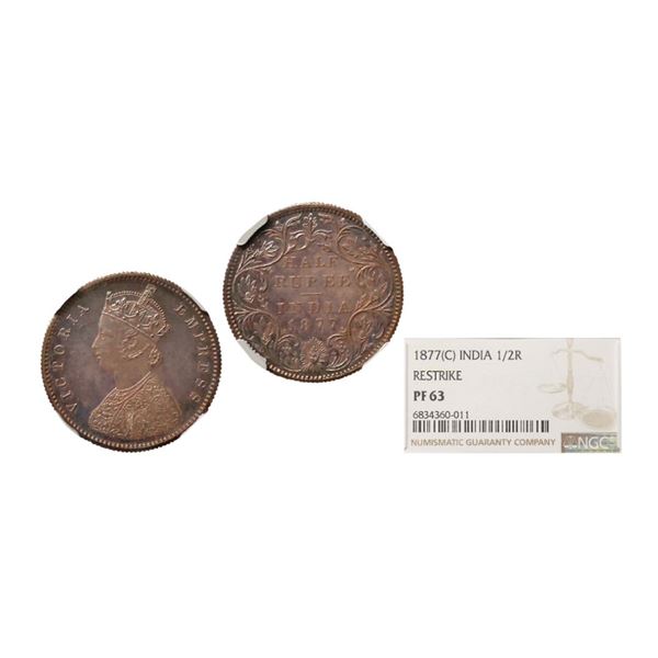 Victoria Empress, Silver 1/2 Rupee, 1877, Calcutta Mint, Re-Strike, Graded By NGC PF 63, E