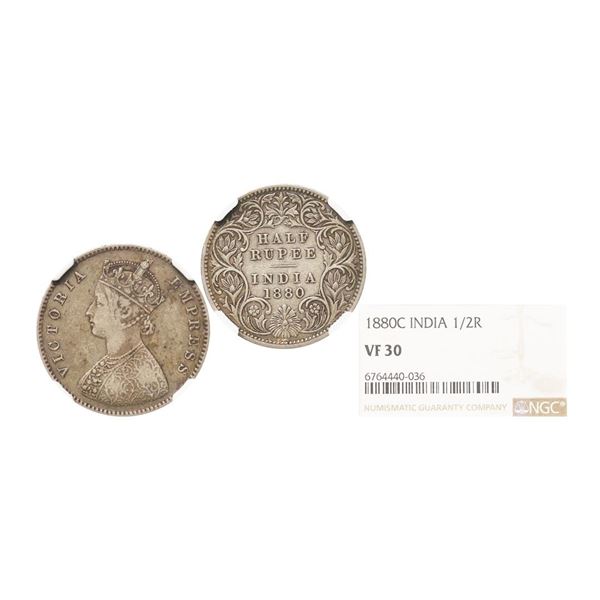 Victoria Empress, Silver 1/2 Rupee, 1880, Calcutta Mint, Graded by NGC VF30, Extremely Rar