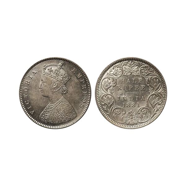 Victoria Empress, Silver 1/2 Rupee, 1881, Calcutta Mint, AUNC, Extremely Rare.