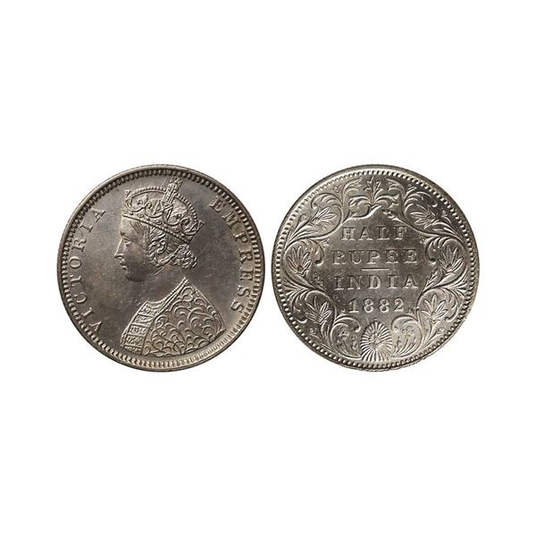 Victoria Empress, Silver 1/2 Rupee, 1882, Bombay Mint, Dot, AUNC, Extremely Rare.