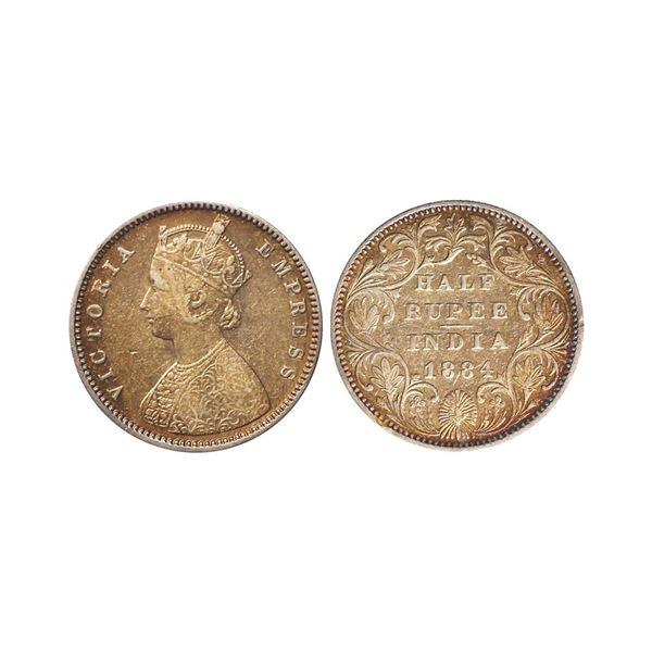 Victoria Empress, Silver 1/2 Rupee, 1884, Bombay Mint, Without Mint Mark, AUNC, Rare.