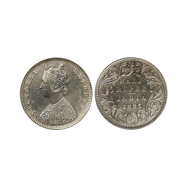 Victoria Empress, Silver 1/2 Rupee, 1885, Bombay Mint, B Raised, AUNC, Extremely Rare.