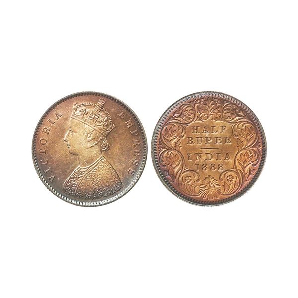 Victoria Empress, Silver 1/2 Rupee, 1888, Calcutta Mint, Beautiful Toned, AUNC, Rare.