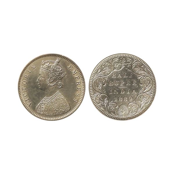 Victoria Empress, Silver 1/2 Rupee, 1889, Bombay Mint, B Raised, AUNC, Rare.