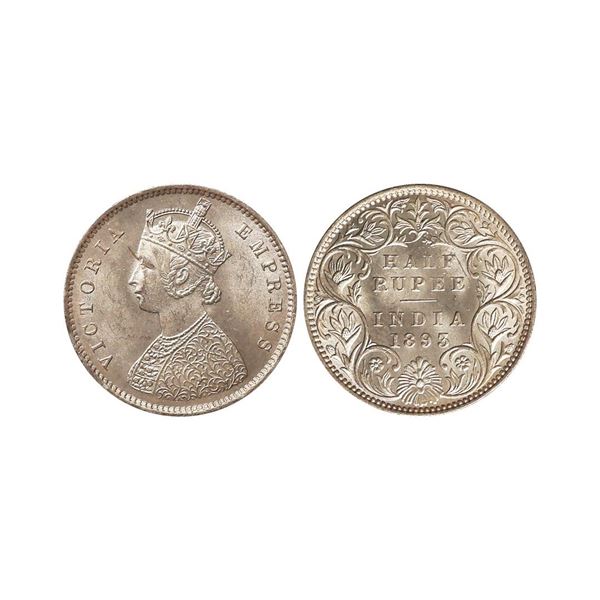 Victoria Empress, Silver 1/2 Rupee, 1893, Bombay Mint, B Incused, UNC, Extremely Rare.