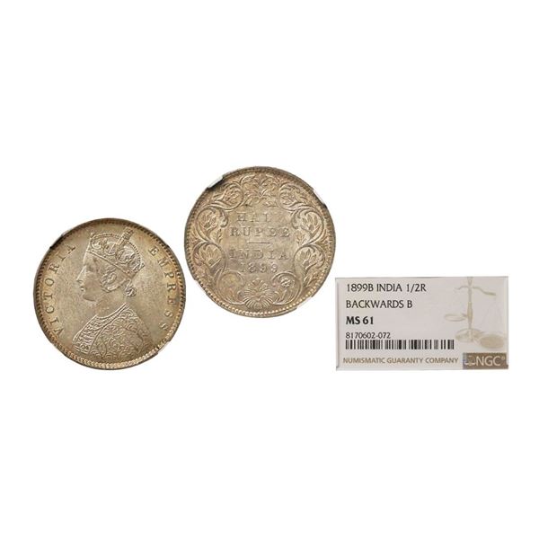 Victoria Empress, Silver 1/2 Rupee, 1899, Bombay Mint, Backwards 'B' Graded By NGC