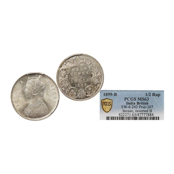 Victoria Empress, Silver 1/2 Rupee, 1899, Bombay Mint, Graded by PCGS MS63, Scarce.