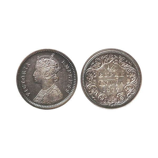 Victoria Empress, Silver 1/4 Rupee, 1877, Bombay Mint, Dot, AUNC, Beautiful Toned, Rare.