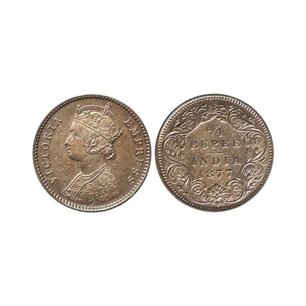 Victoria Empress, Silver 1/4 Rupee, 1877, Calcutta Mint, AUNC, Beautiful Toned, Rare.