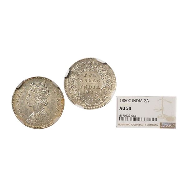 Victoria Empress, Silver 2 Annas, 1880, Calcutta Mint, Graded By NGC AU58, Extremely Rare.