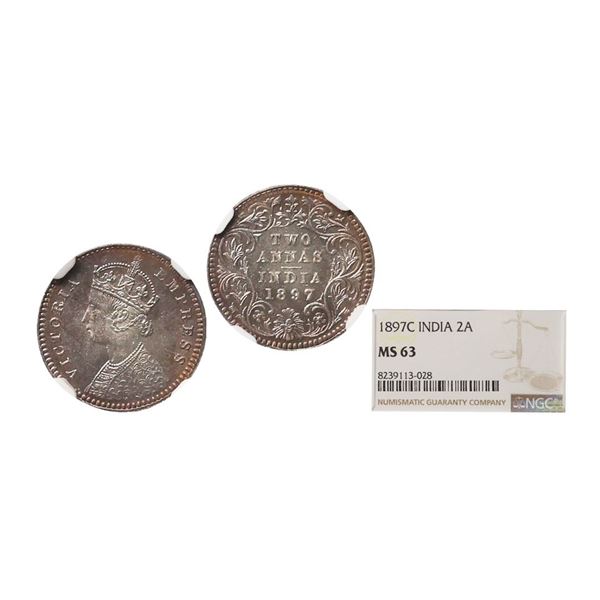 Victoria Empress, Silver 2 Annas, 1897, Calcutta Mint, Beautiful Toned, Graded By NGC MS 6